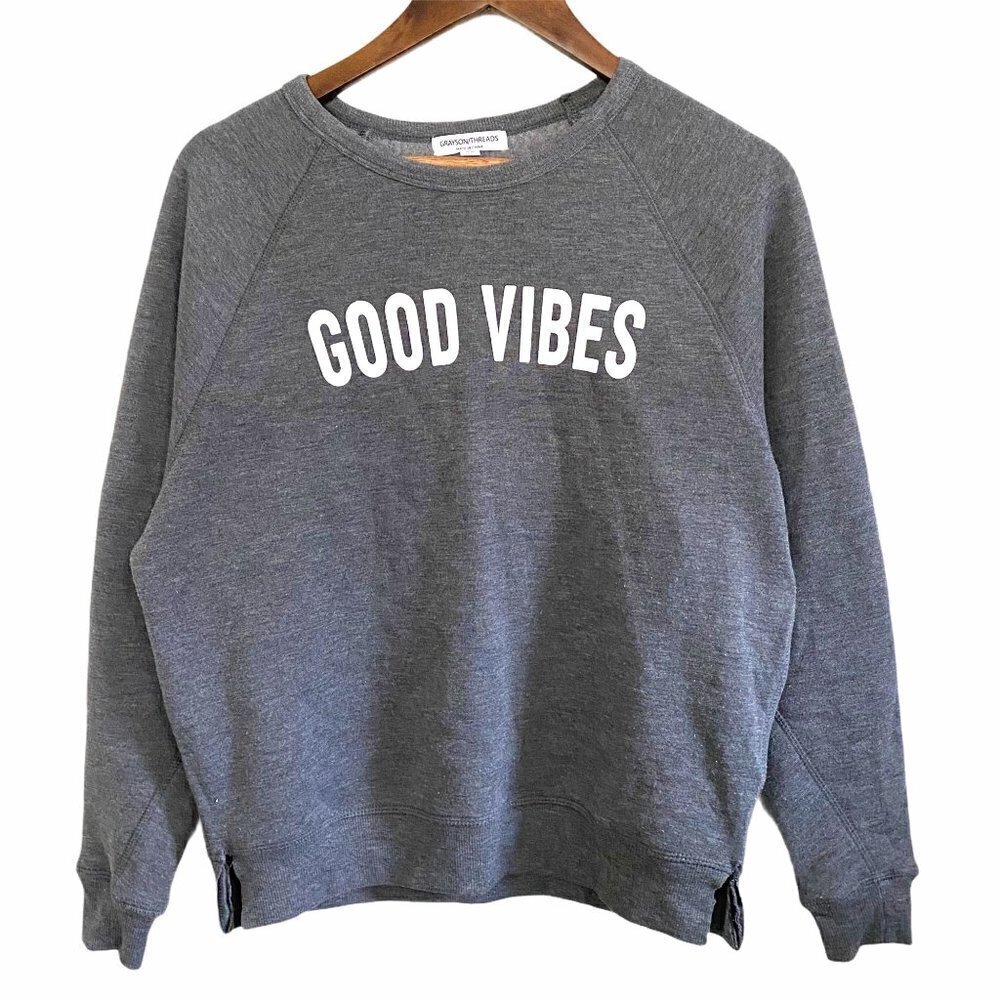 Grayson Threads Graphic Good Vibes Gray Raglan Oversized Lounge Sweatshirt